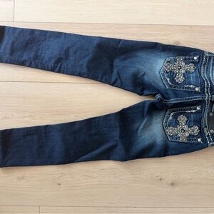 Miss Me Dark Blue Skinny Jeans with Embellished Pockets